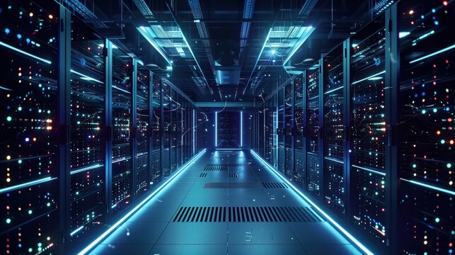 Data center interior with dynamic lights, tech essence