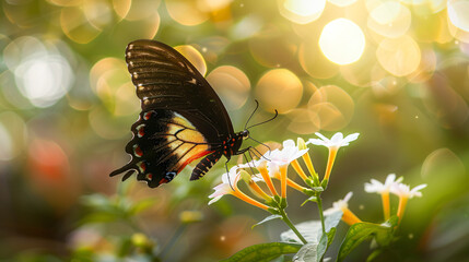 Golden Birdwing butterfly flying and feeding on white