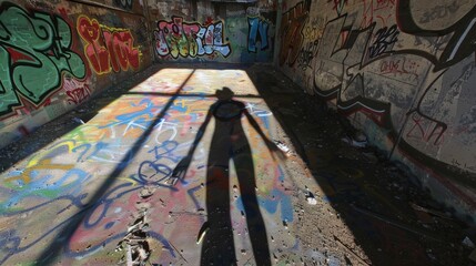 Obraz na płótnie Canvas Street Art Mystery: Shadowy Figure on Graffiti Wall Aerial View
