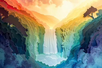 A papercut journey reveals a majestic waterfall cascading down a mountainside, its paper layers capturing the misty spray that creates a rainbow archway