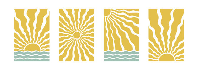 Fototapeta premium Boho groovy beach sun sea. Surf club vacation and sunny summer day aesthetic. Vector illustration background in trendy retro naive simple style. Pastel yellow blue braun colors.