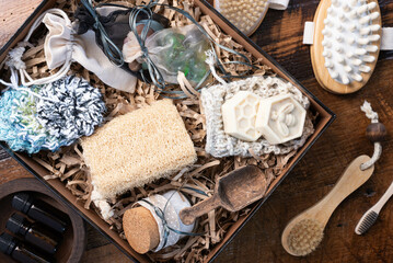 Eco-friendly, spa gift box filled with sustainable, skin or health care supplies.