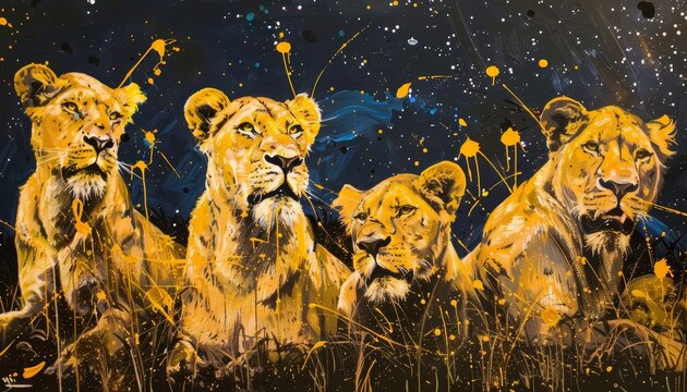 A pride of lions partied under a starry sky, their golden fur shimmering with vibrant oil paint splatters as they celebrated a successful hunt