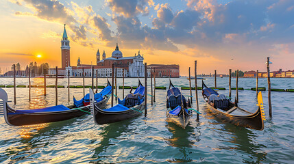 Gondolas on the Grand canal at sunset in Venice Italy. - obrazy, fototapety, plakaty