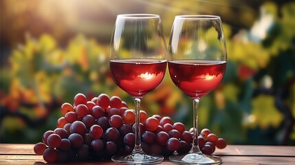 Two glasses of red wine stand next to each other on a wooden table, grapes lie on the table behind the glasses, beautiful nature blur in the background. Generative AI.