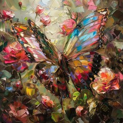 A technicolor butterfly with shimmering wings, the size of a bird, fluttered gracefully through a garden, landing gently on a bed of fragrant roses
