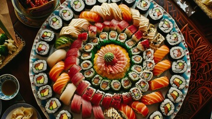 A platter of colorful sushi rolls arranged in a circular pattern, each piece a work of art celebrating the beauty of Japanese cuisine.