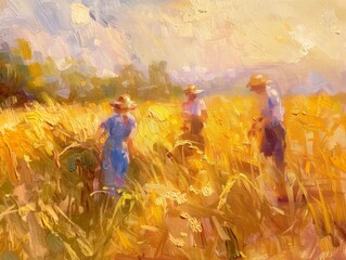 Impressionist Harvest Scene sunlit wheat field