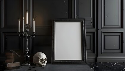 Dark gothic vertical frame mockup on the table with candles AI Generated