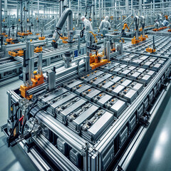 Mass production assembly line of electric vehicle battery cells close-up view created with generative ai