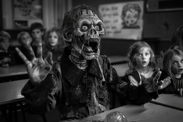 A zombie teacher, his droning voice oddly captivating, lectured a classroom of wideeyed children on the history of the apocalypse which he vaguely remembered - obrazy, fototapety, plakaty