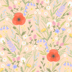 Field flowers pattern. Floral seamless texture with chamomile, poppy, lupin, clover on beige background - obrazy, fototapety, plakaty