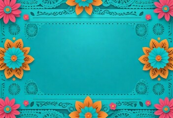 Papel Picado vector template design in turquoise, Mexican paper decoration with flowers and geometric shapes background & banner created with generative ai