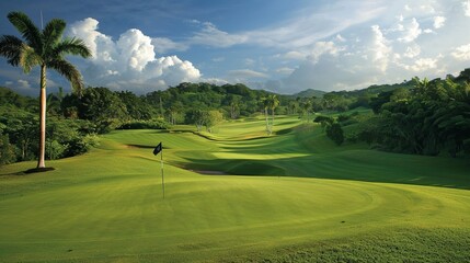 A pristine golf course with lush green fairways and manicured greens, set against a backdrop of...