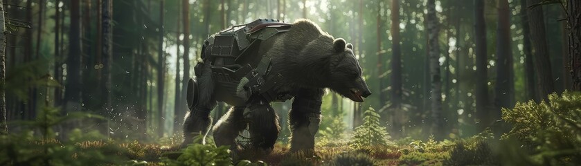 Bear equipped with a heavyduty cybernetic exoskeleton wandering through a forested area, part of a wildlife conservation tech program - obrazy, fototapety, plakaty