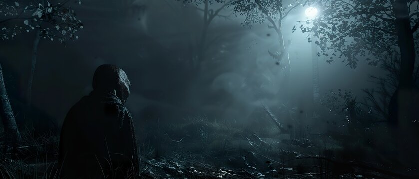 Mask, dark, eerie, a mysterious figure in a desolate forest at night, a chilling mist surrounding it Realistic, dramatic lighting effect with a spotlight and a hint of moonlight, Rear view