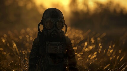 Mutant survivor, gas mask, radioactive wasteland, scavenging for resources, post-apocalyptic setting, 3D render, silhouette lighting, depth of field bokeh effect, Rack focus view - obrazy, fototapety, plakaty