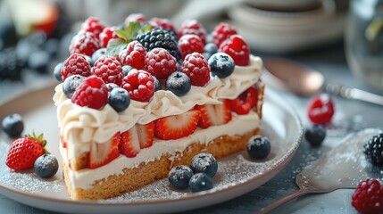 Vanilla cake decorated with cream and fresh berries in the shape of a heart. Generative AI.
