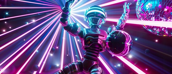 Retro Robot, inspired by 80s futurism, dancing at a neon-lit disco, under a glittering mirror ball, creating a symphony of lights Realistic, Backlights, Lens Flare, Wide-angle view