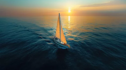  Aerial high view of solitary sailboat on the sea, brave and resolute. It sails alone in the vast ocean. Generative AI. © visoot