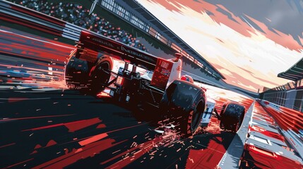 An 8-bit pixel art representation of a pixelated racing car speeding through a pixelated racetrack