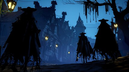 Shadowland, Enigmatic Figures in Tattered Cloaks, A City Shrouded in Darkness, Mysterious and Ruleless Society, 3D Render, Silhouette Lighting, Vignette, Silhouette shot