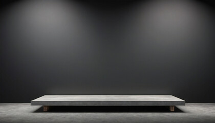 Empty podium or pedestal display on light on black background with rectangular stand concept. Blank product shelf standing backdrop. 3D rendering.