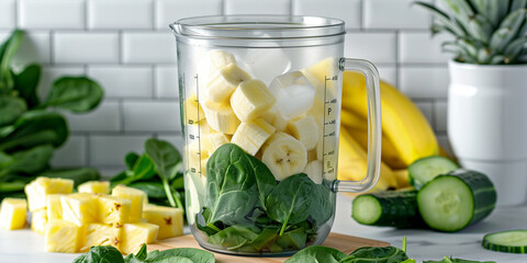 A front view of a plastic blender jug placed on a timber chopping board against a white tile background. Inside the jug, there are baby spinach leaves at the bottom, followed by banana and pineapple 