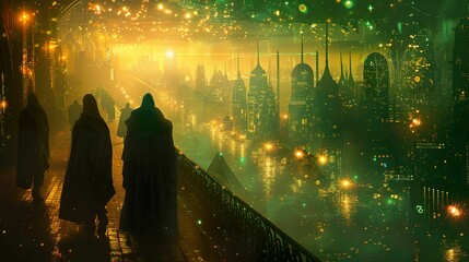 Spectral travelers, phantom cloak, travelers navigating the ethereal planes, a city of shimmering lights and translucent structures, a melding of fantasy and reality Photography, Golden hour lighting,