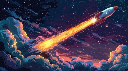 An 8-bit pixel art representation of a pixelated rocket ship blasting off into space, leaving a pixelated trail behind - obrazy, fototapety, plakaty