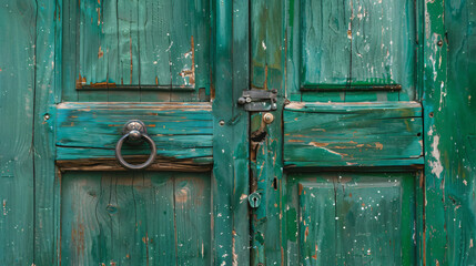 Green-painted vintage wooden door with metal handle 