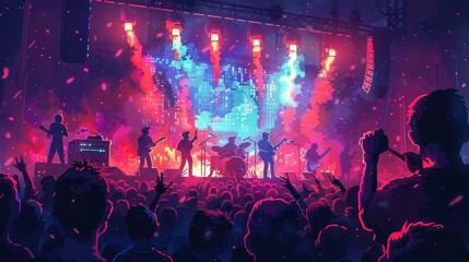 An 8-bit pixel art scene depicting a pixelated band performing at a pixelated concert, filled with pixelated fans