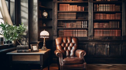 A cozy brown leather chair sits before a tall bookshelf filled with books