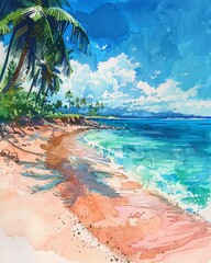Watercolor tropical beach, serene sea in bright pastel colors, vibrant hand drawing - obrazy, fototapety, plakaty