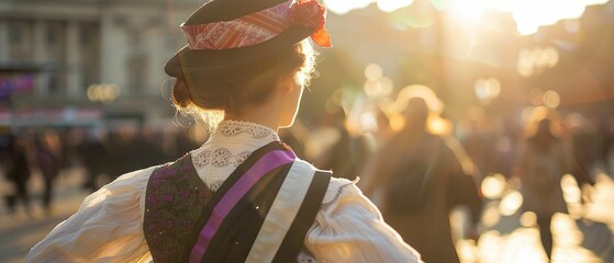 Suffragette, Suffragist Sash, Symbol of Womens Rights, Rallying in Trafalgar Square, Sunny Day, Photography, Golden Hour, Depth of Field Bokeh Effect, Rear view - obrazy, fototapety, plakaty