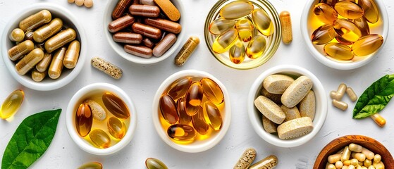 Supplements for Health, Wellness, Diet, Fitness, Energy, Top-down view