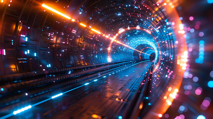 A tunnel with neon lights and a blue and orange color scheme