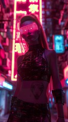 Virtual Influencer, Pixelated Fashion, Defining self in the digital realm, Cyberpunk cityscape, 3D Render, Neon Backlights, Chromatic Aberration, Tilted angle vie