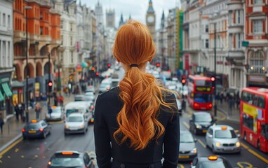 A woman with red hair stands in the middle of a busy city street. The street is filled with cars, buses, and pedestrians. The woman is looking up at the sky, seemingly lost in thought - Powered by Adobe