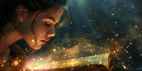 A girl reading a book with magical dots and rays from the book and sunny rays in the dark background 