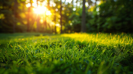 Green grass in a forest at sunset. Blurred summer 