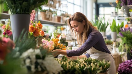 A woman delicately arranges vibrant flowers in a quaint flower shop