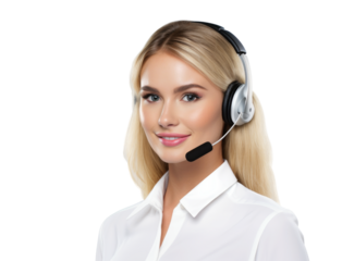 Portrait of beautiful woman call center operator isolated on white background, Woman with headphones looking at camera and smiling