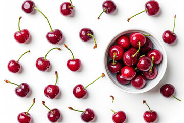 Set of ripe red cherries in a bowl cut out on white background - Powered by Adobe