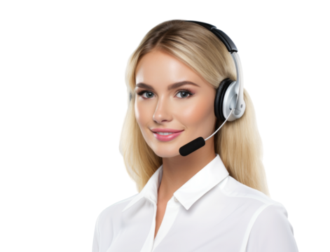 Portrait of beautiful woman call center operator isolated on white background, Woman with headphones looking at camera and smiling