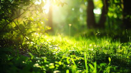 Fototapeta na wymiar Green grass in the summer forest in the sunlight. 