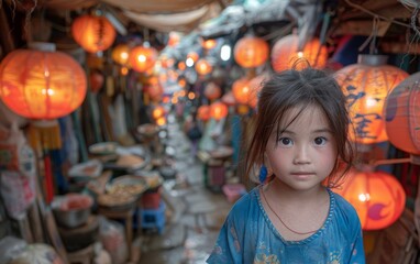 A young girl stands in front of a row of orange lanterns. The scene is lively and colorful, with the lanterns casting a warm glow on the girl's face. The girl appears to be looking at the camera