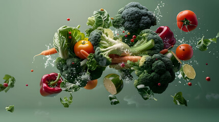 Photorealistic vegetable symphony, vibrant produce mid-flight, monotonous green backdrop, exquisite culinary photography - obrazy, fototapety, plakaty