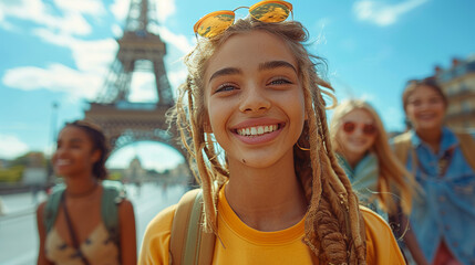 Multiracial young woman having fun while visiting Eiffel Tower in Paris