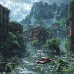 Eine dystopische Welt, in der die Natur die Ruinen einer untergegangenen Zivilisation zurÃ¼ckerobert hat. --stylize 750 Job ID: 4253dea0-841b-4cc2-aad9-d5232fd38a41